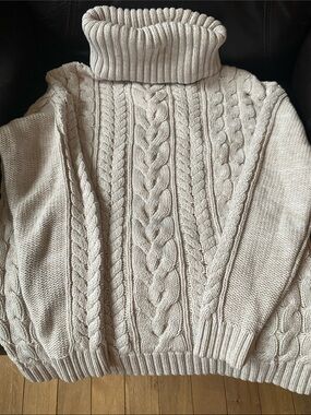 Gap Beige Chunky Cable Knit Cotton Turtleneck Sweater Oatmeal Womens Size Large